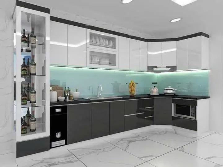 Tủ bếp chữ L Acrylic trắng – đen, kính ốp xanh