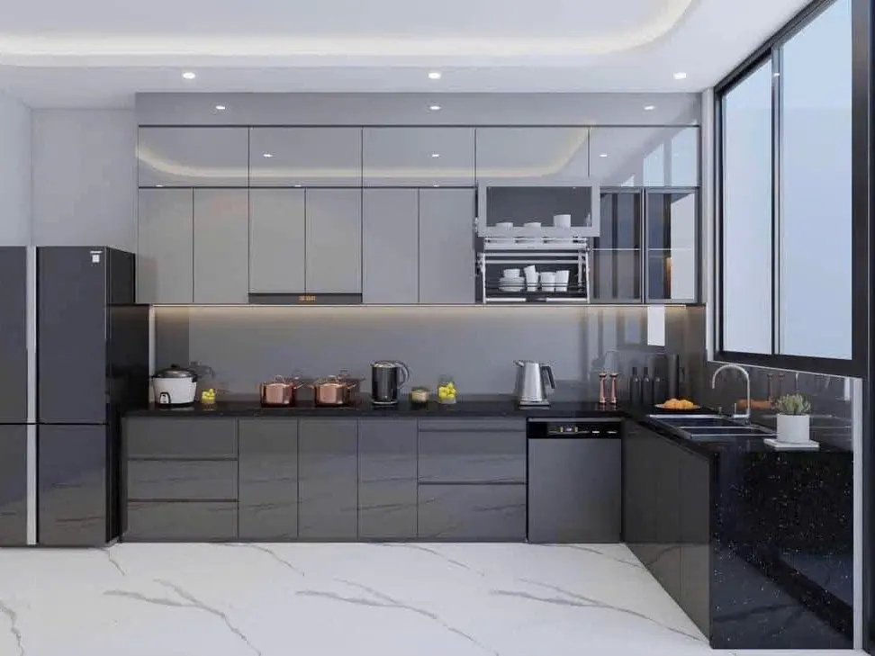Tủ bếp chữ L Acrylic xám ghi, mặt đá đen