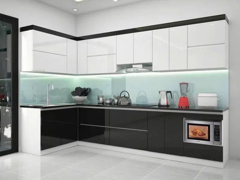 Tủ bếp chữ L Acrylic trắng trên, đen dưới