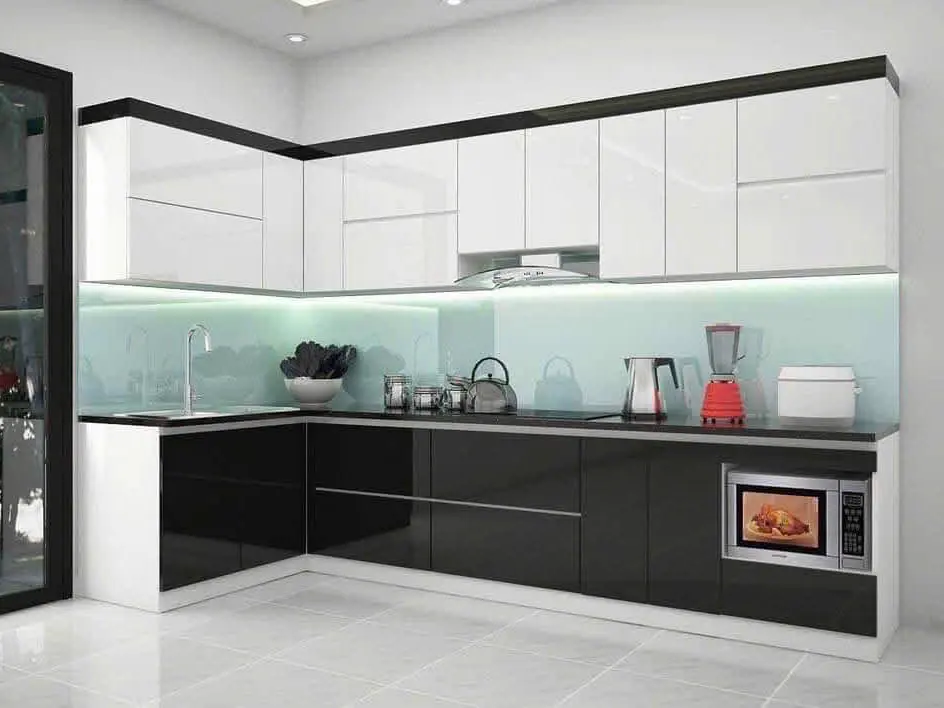 Tủ bếp chữ L Acrylic trắng trên – đen dưới