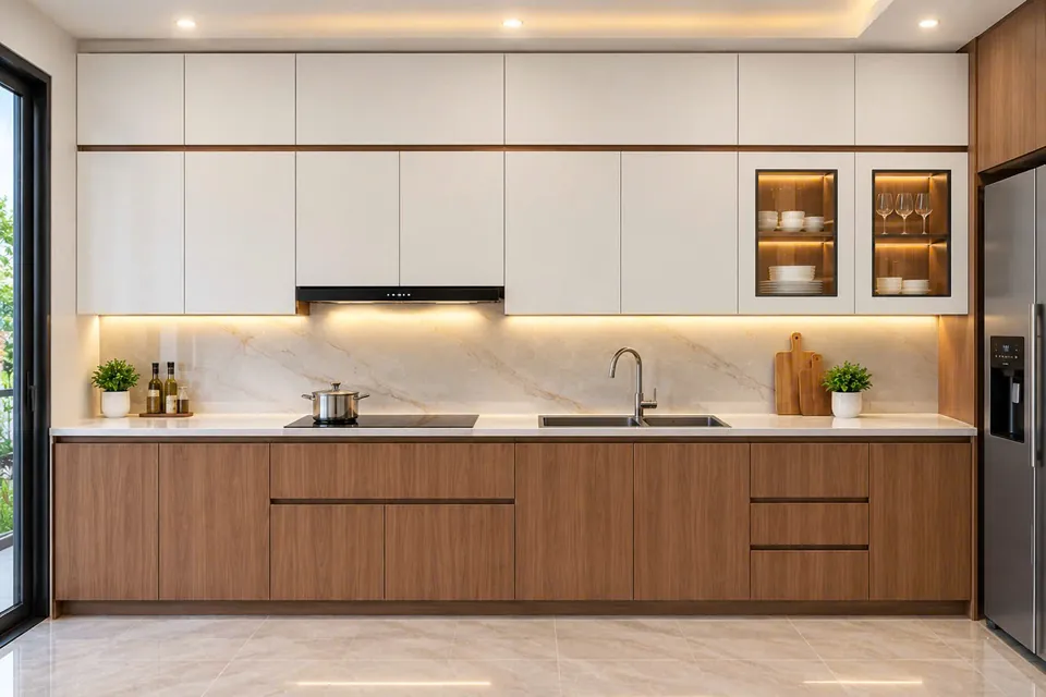 Tủ bếp chữ I vân gỗ ấm, mặt đá trắng, bếp từ âm