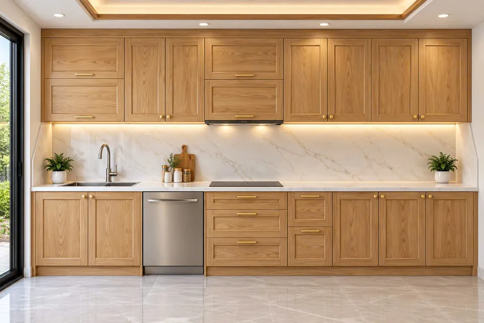 Tủ bếp chữ I gỗ cánh phào, bếp từ và máy rửa bát âm