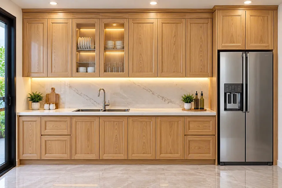 Tủ bếp chữ I gỗ tân cổ điển, tủ lạnh side-by-side
